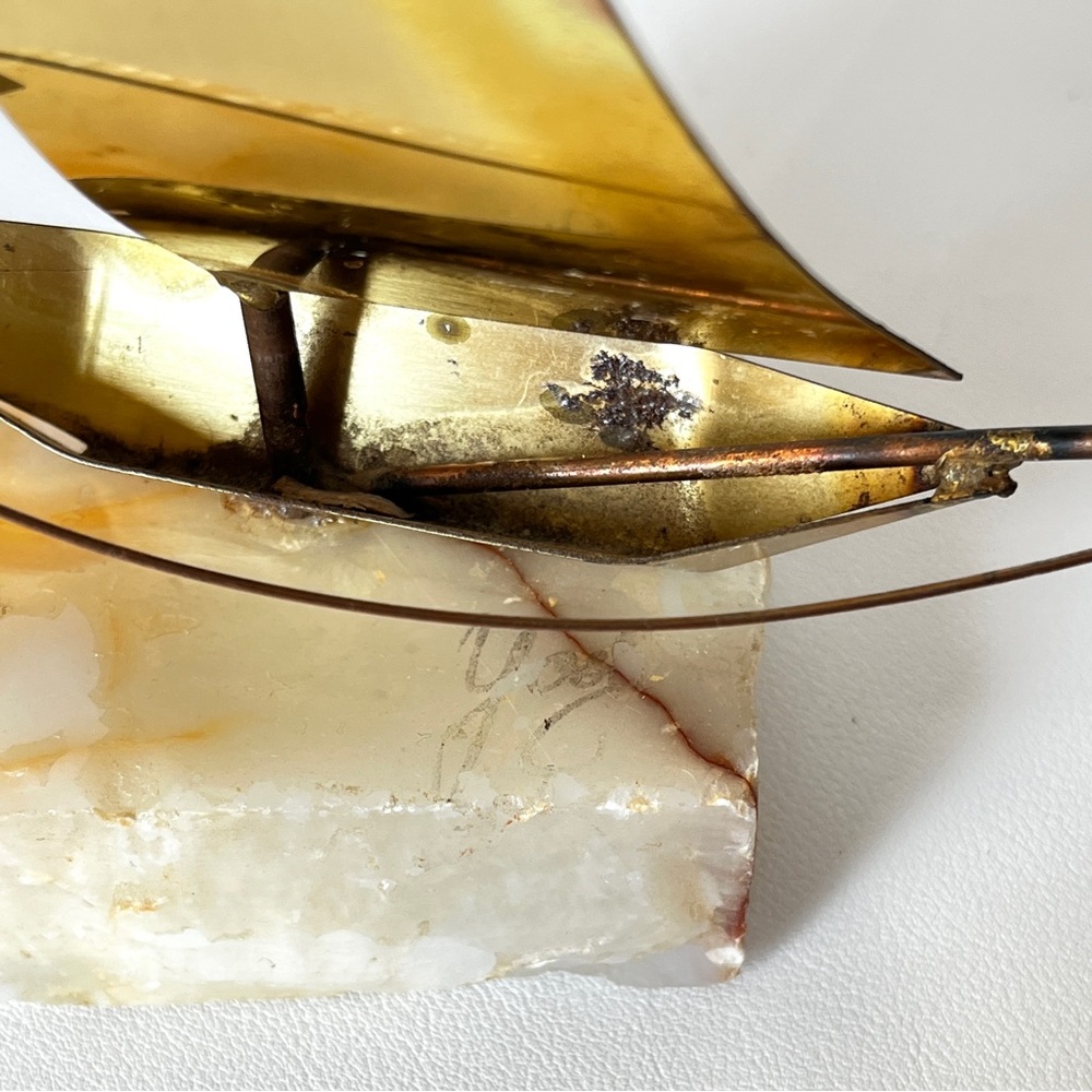 MCM Brass Sailboat Sculpture Nautical Statue Sailing Art Onyx California Yosi - Picture 7 of 9